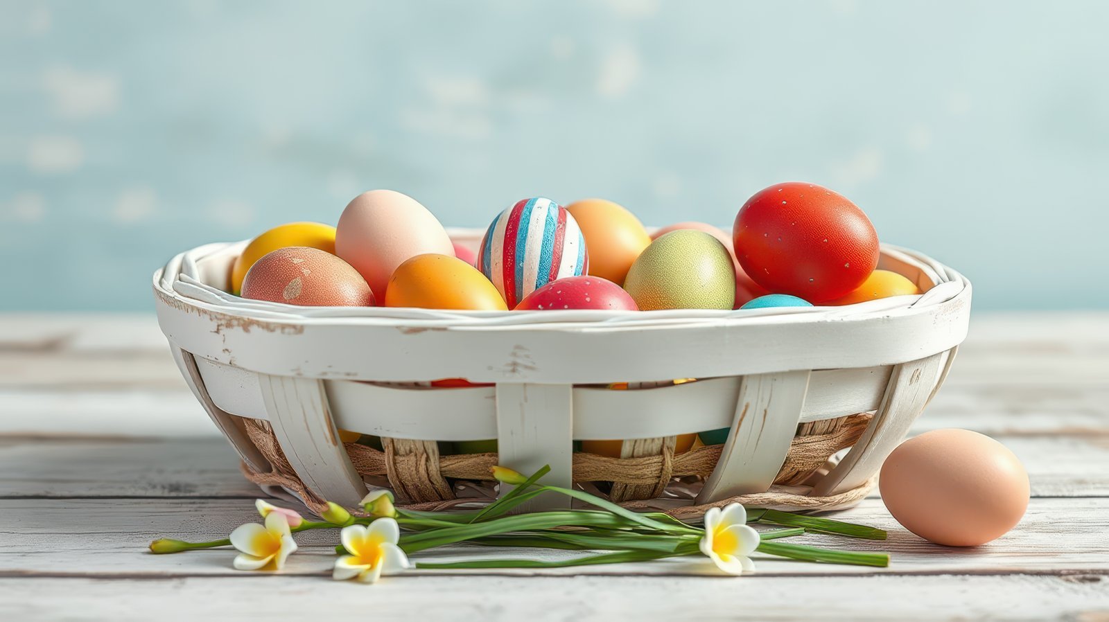 Colorful Easter eggs arranged in a basket on a wooden table decorated with flowers